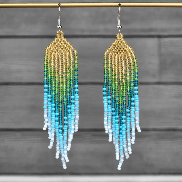 Ombre Boho Beaded Fringe Earrings Handmade Statement Jewelry Boheme - Picture 1 of 1